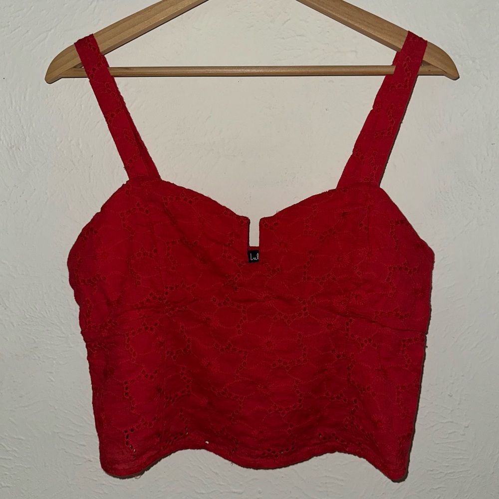 LULUS red eyelet lace cami tank crop top side zipper ruched stretch back XL